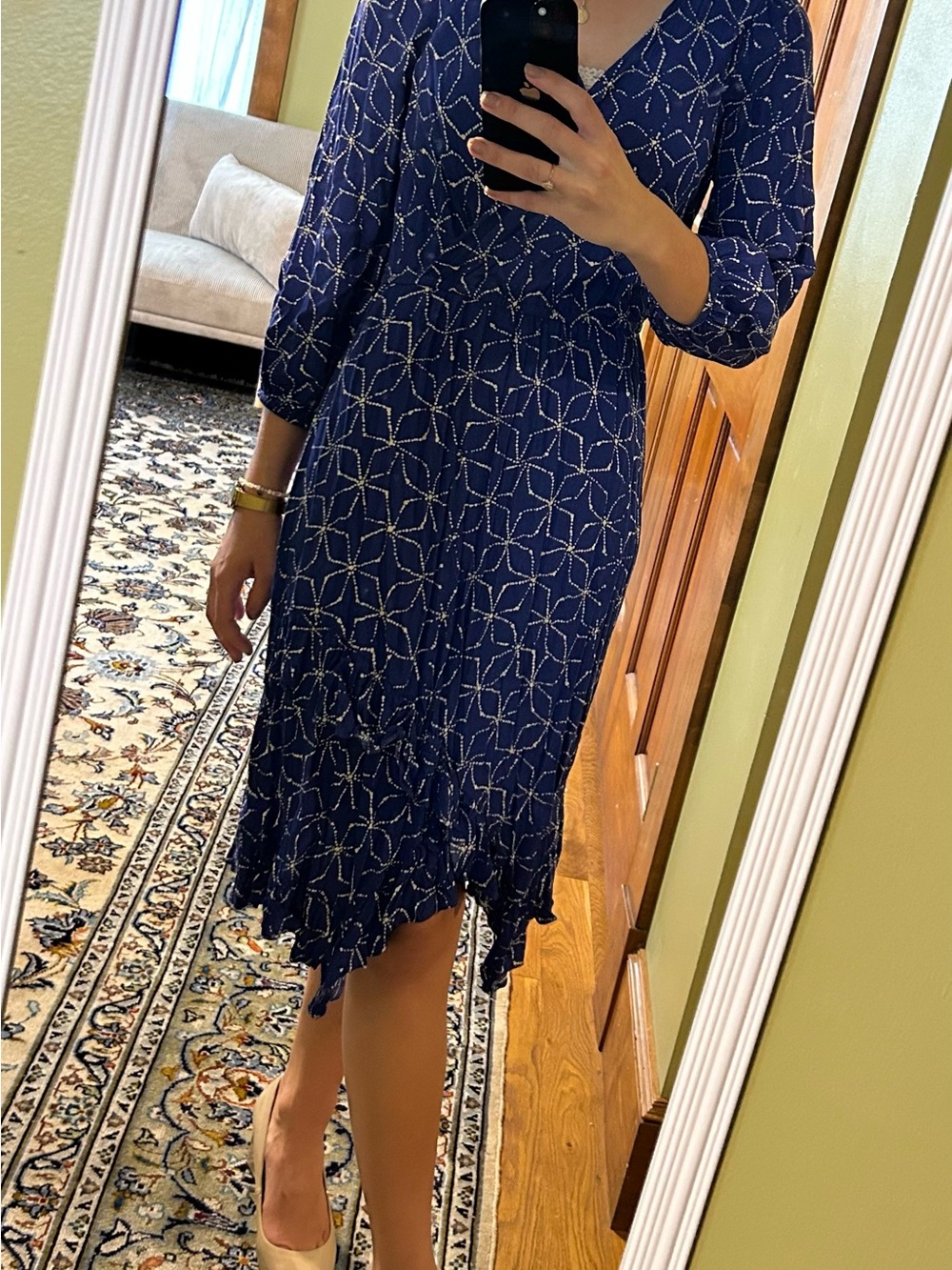 Blue Printed V-Neck Midi Dress with Ruffle Hem